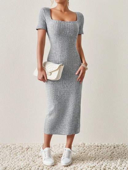 Short-Sleeved, Versatile Knitted Slit Dress