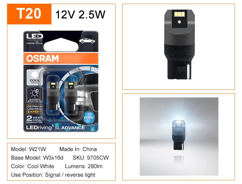 OSRAM Upgrade LED T20 W21W WY21W W21/5W Turn Signal Light 7440 7443 LEDriving SL Advance LED Car Reverse Lamp Brake Stop Bulb 2X
