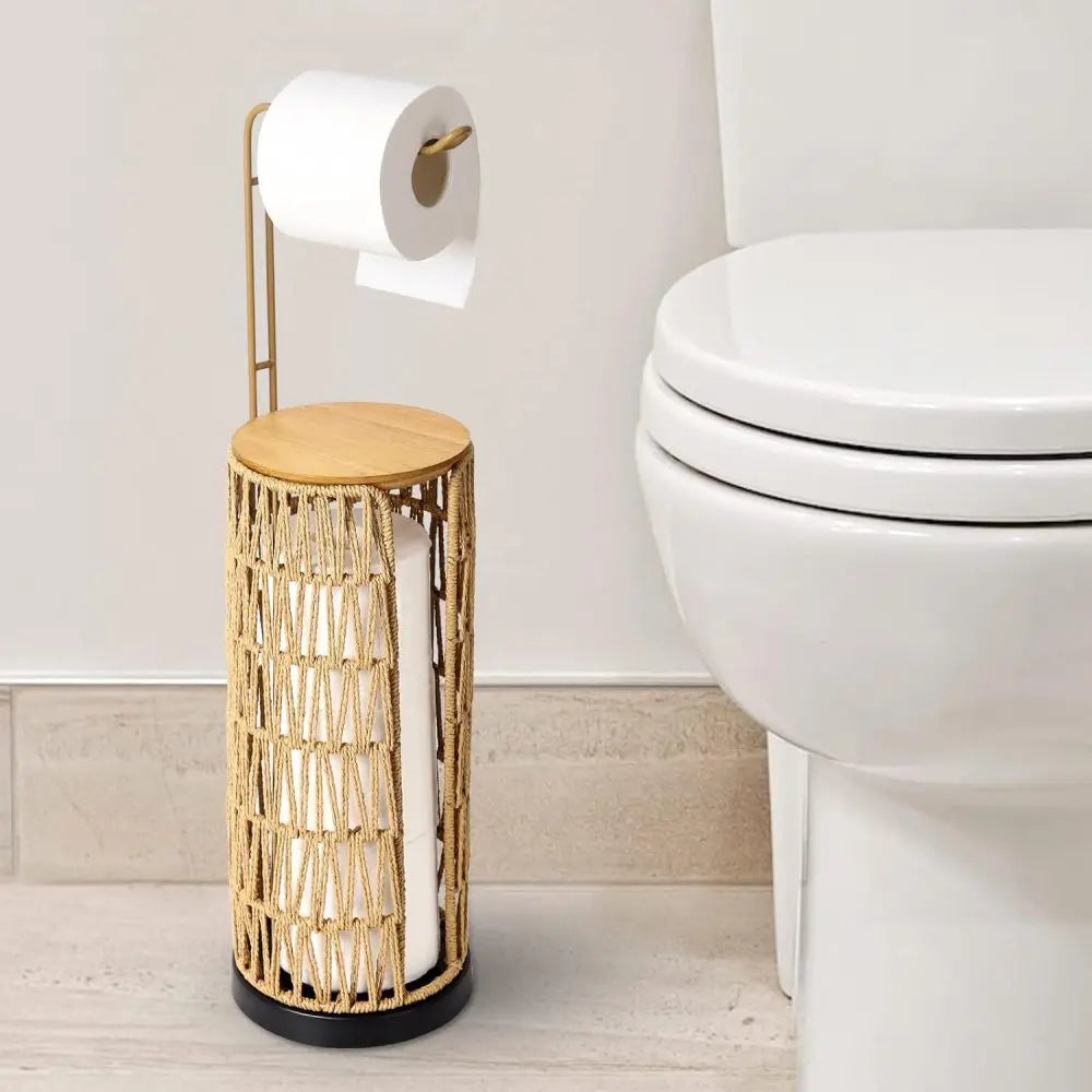 Freestanding Toilet Paper Holder with Storage,3 Rolls of Tissue Holder for Bathroom,Handmade WovenToilet Roll Holder Stand
