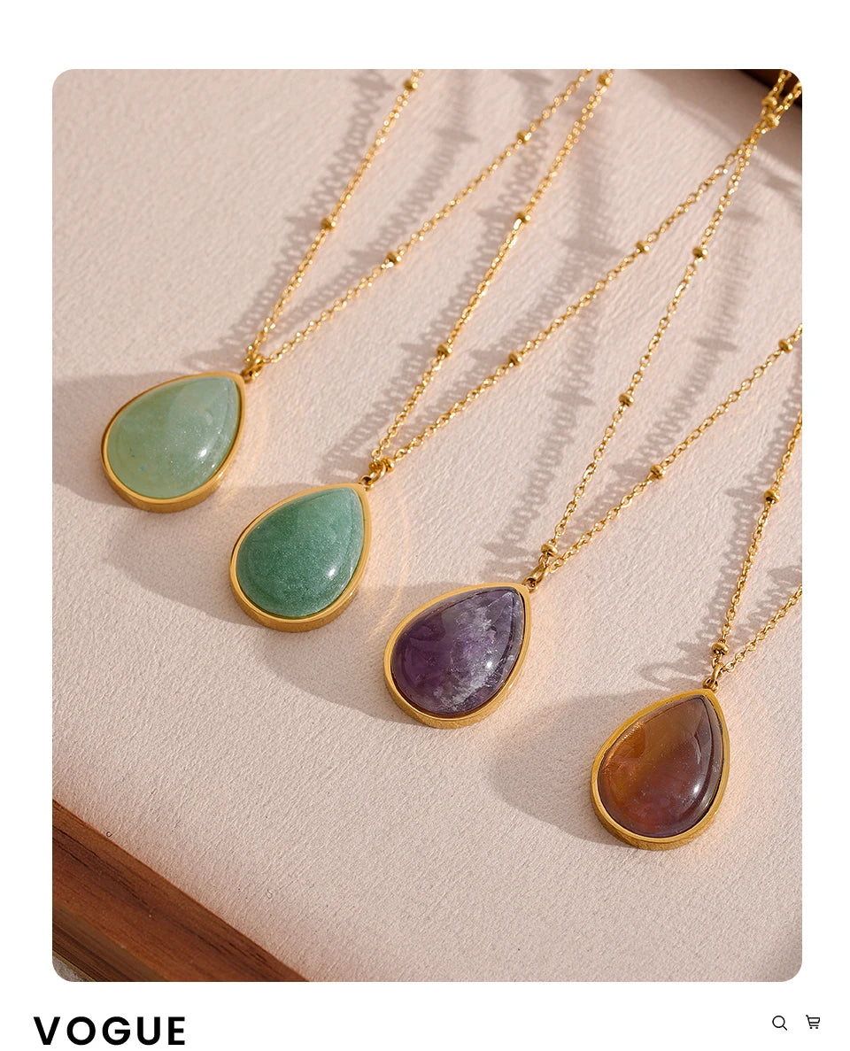 Yhpup Water Drop Amethyst Green Aventurine Natural Stone Necklace Stainless Steel Fashion Charm Pendant Jewelry Tarnish Free