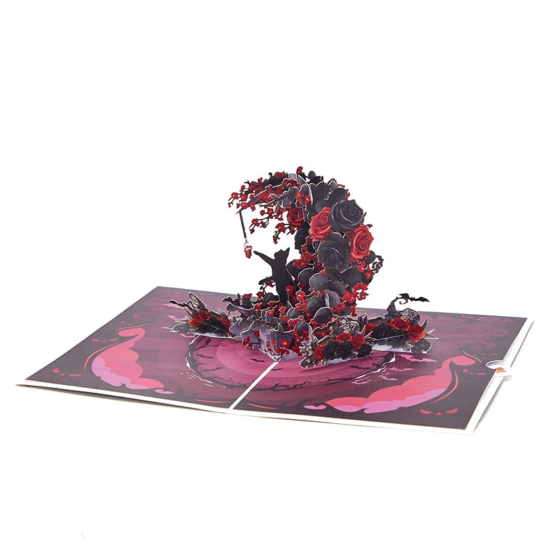 Exquisite Greeting Card Crescent Shape Pop Up Birthday Gifts Black Red Rose Elegant Cat Greeting Cards Creative Birthday Card