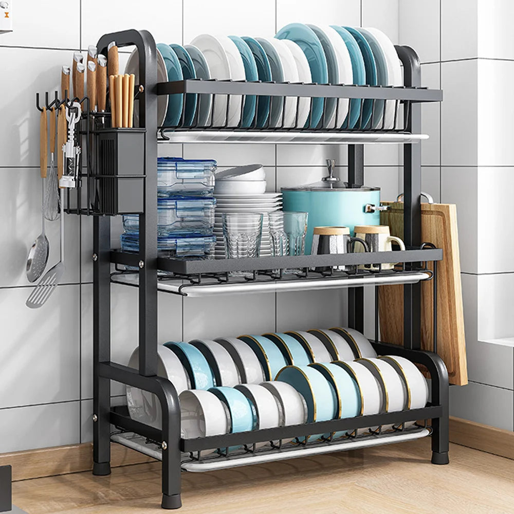 Dish Drying Rack 2/3-Tier Kitchen Organiser Dish Rack Drainboard Set Kitchen Accessories Organize Countertop Dinnerware Storage