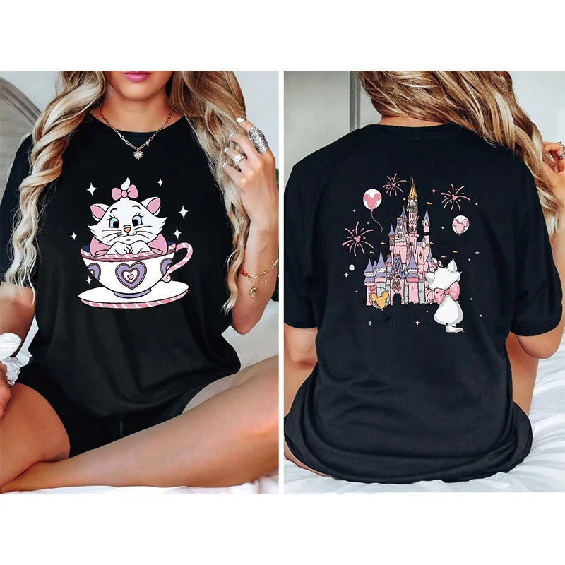 2025 Summer New The Aristocats Cartoon Anime Printed T-shirt Women's Fashion Casual T-shirt Mary Cat Crazy Teacup Party Shirt