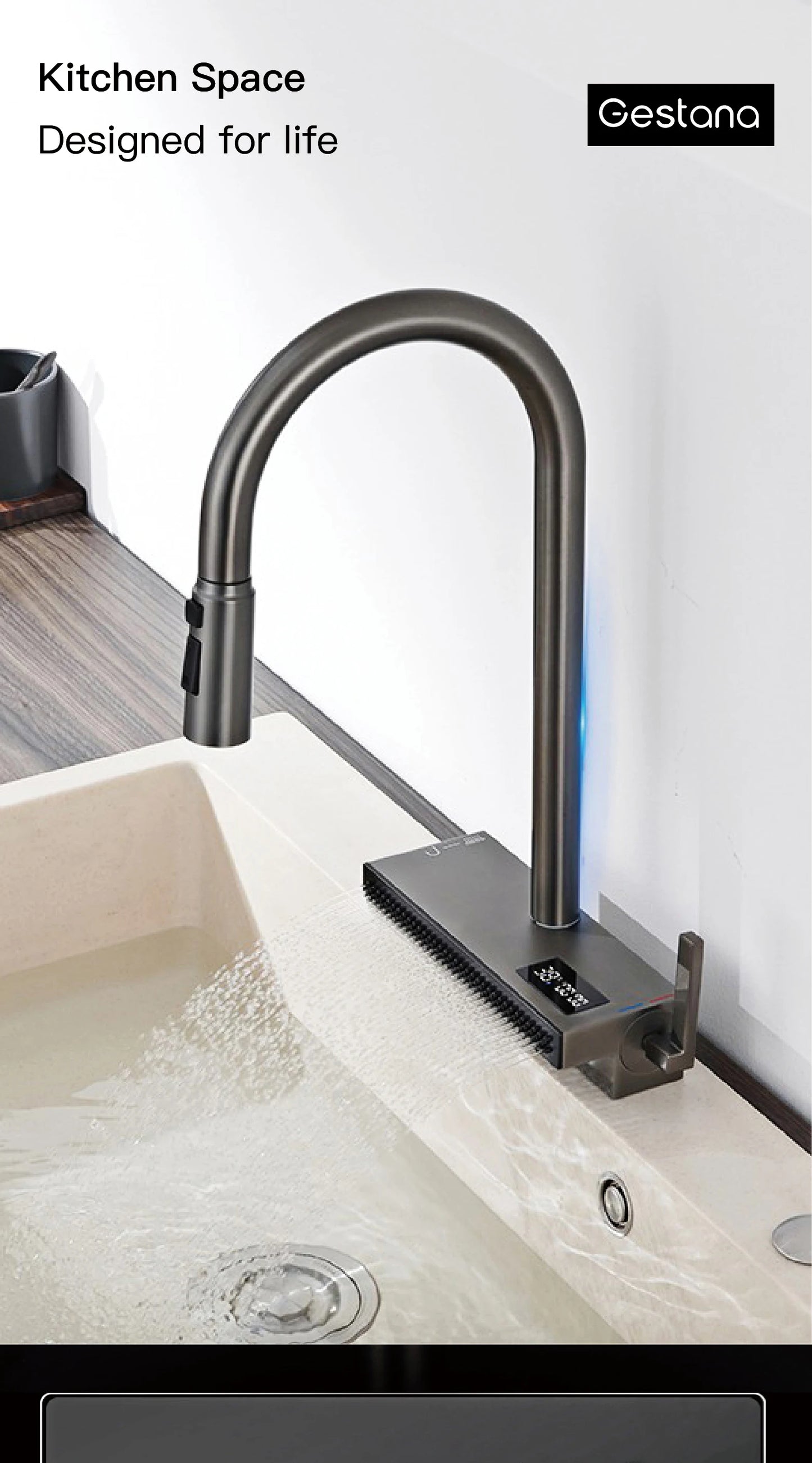 Gun Gray Brass Kitchen Sink Faucet Pull Out Sprayer Hot Cold Mixer Tap LED Digital Display Multifunction 360°Swivel Luxury Crane