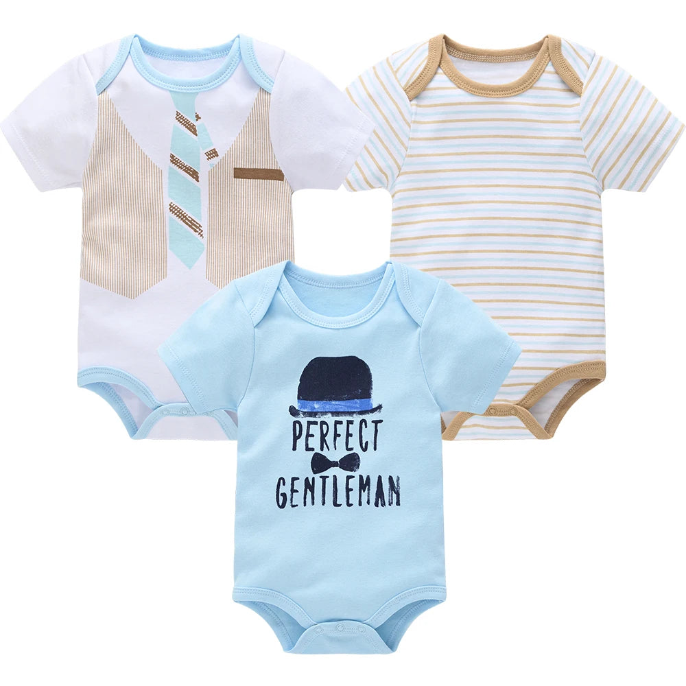 New Baby Boy Clothes Summer 100% Cotton Blue Grey Tie Print Three Piece Short Sleeve Bodysuit Pants vetements bebe For 0-12M