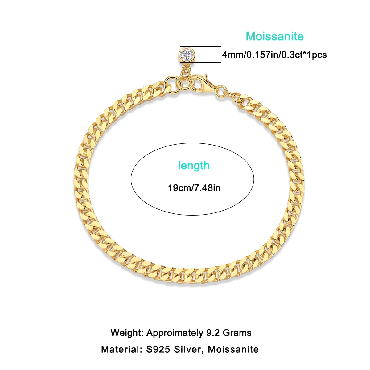 JIUZUAN 4mm Moissanite Bracelet for Women, S925 Silver, 18K Gold Plated, D-Color VVS1, Hypoallergenic Christmas Gift Jewelry