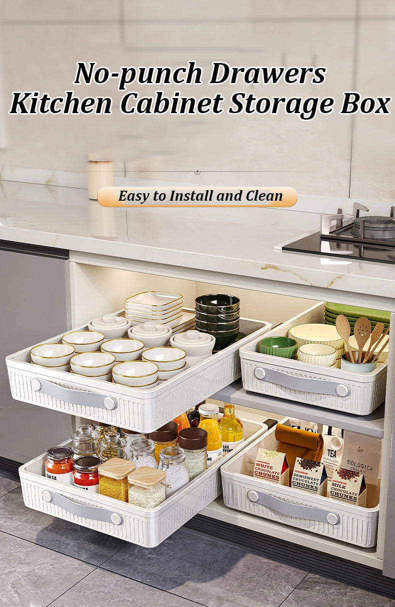 Kitchen Sliding Drawer with Slide Rail Cabinet Clothes Spice Dish Bowl Storage Rack Pull Out Cabinet Organiser Tray With Handle