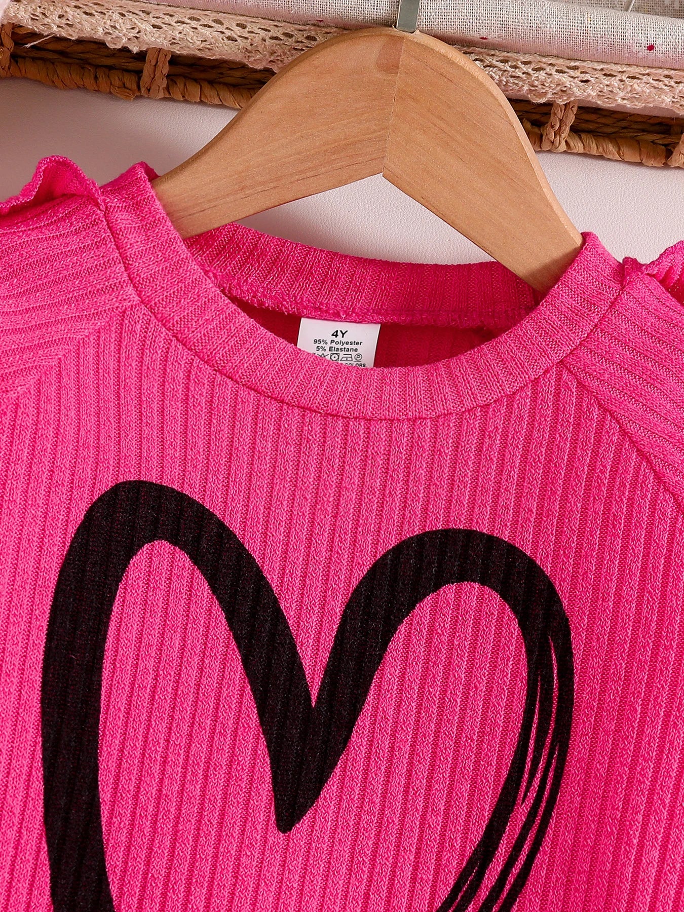 Pink Heart Print Knit Crew Neck