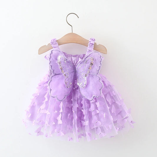 Summer 0-3 Girls' Dress Solid Color Butterfly 3D Mesh Splicing Butterfly Wings Strap Fluffy Dress
