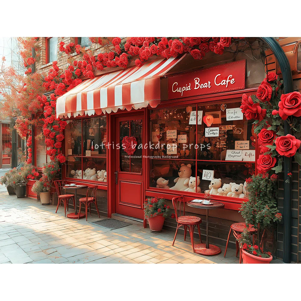 Romantic Cafe Front With Rose Backdrops Kids Baby Photography Child Photocall Sweet Heart Pink Floral Stores Backgrounds