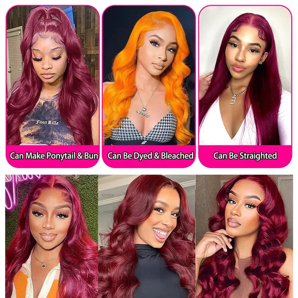 Burgundy 99J Body Wave Human Frontal Lace Hair Wig 30inches 13x4 13x6 HD Transparent Lace Brazilian Colored Remy Wigs for Women