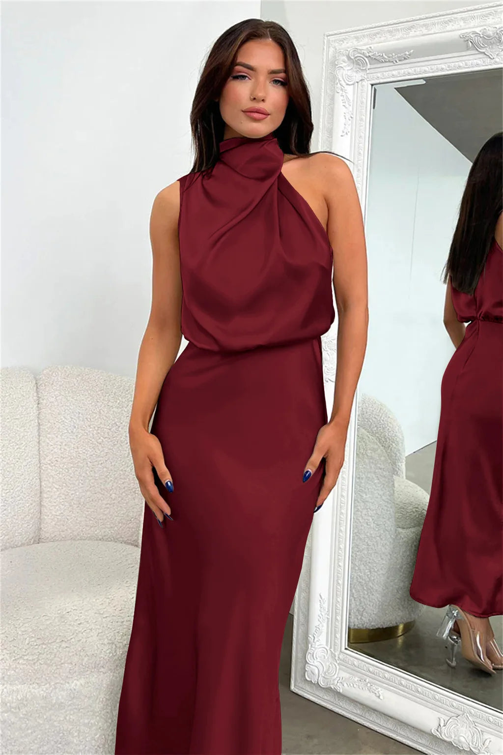 Summer High-End Silk Satin Sleeveless Long Dress Women Fashion Elegant Celebrity Dresses Evening Dress Party Clothes Ladies