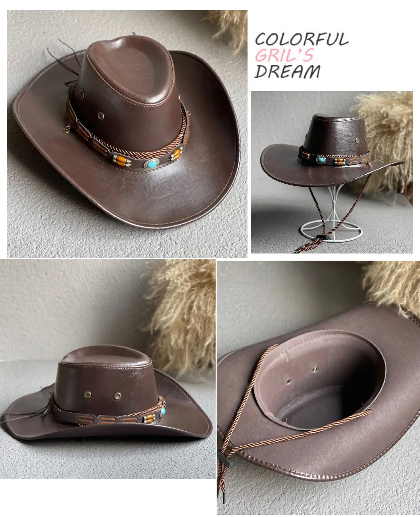 Faux Leather Western Cowboy Hats For Women Men Vintage Gentleman Dress Hats Panama Cowgirl Jazz Cap Sombrero Hombre