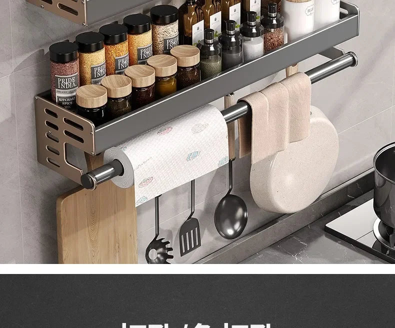 No Drill Kitchen Wall Mounted Spice Rack Space Saving Multifunctional Organiser with Hooks & Paper Towel Holder