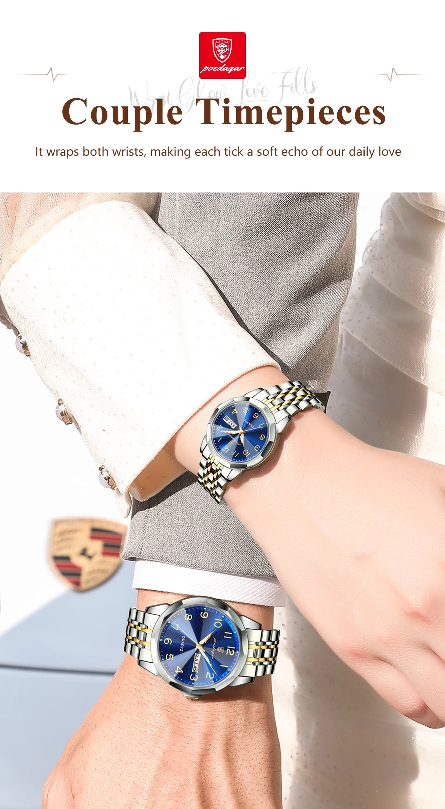 POEDAGAR Top Fashion Watches For Couple Waterproof Date Week Couple's Watches Quartz Stainless Steel Couple Watch Lovers Set+Box