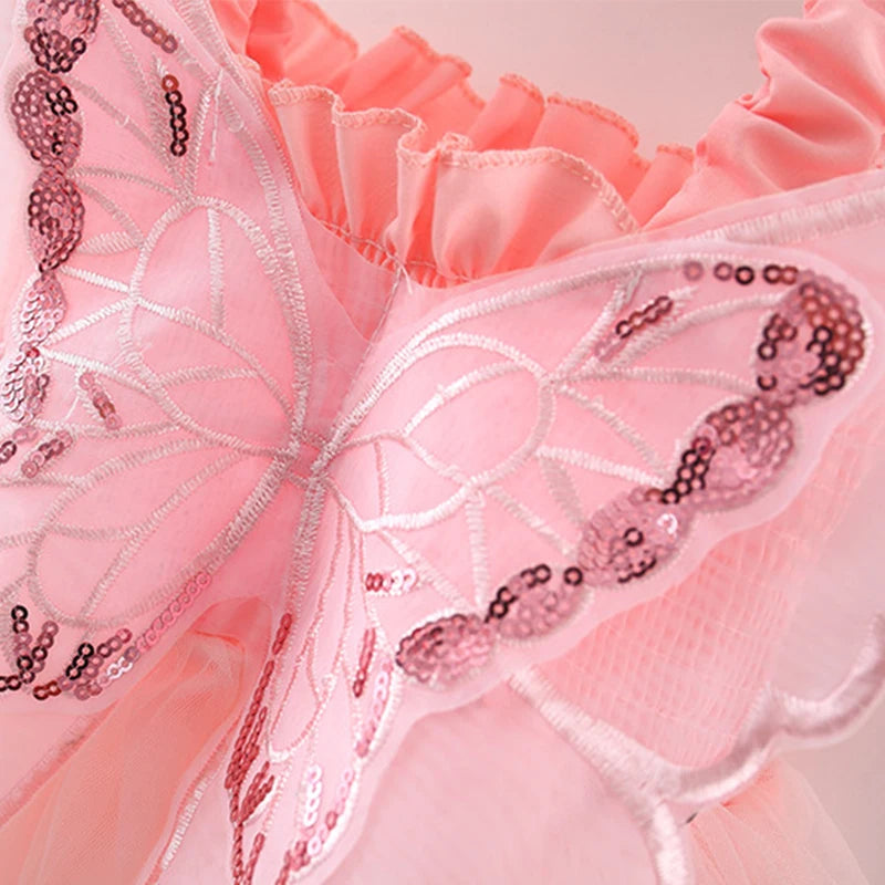 Summer 0-3 Girls' Dress Solid Color Butterfly 3D Mesh Splicing Butterfly Wings Strap Fluffy Dress