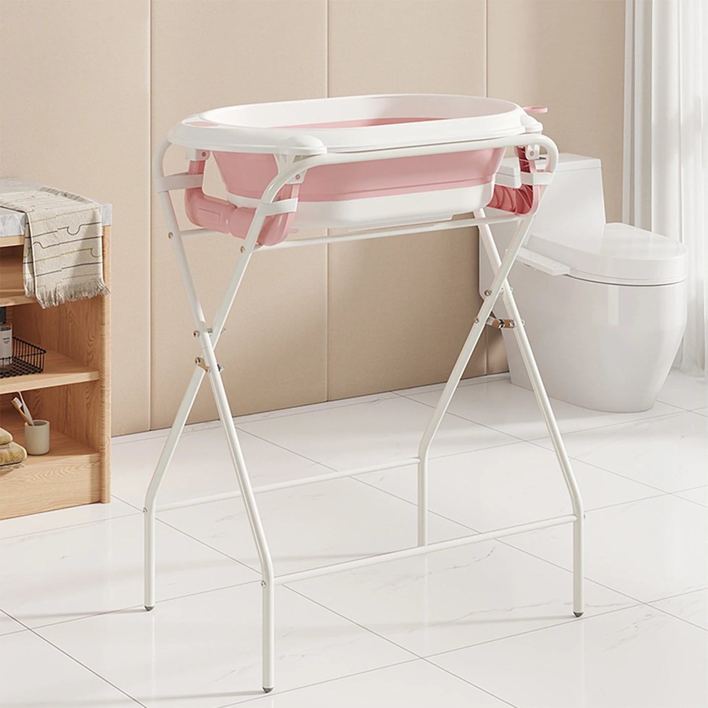 3 in 1 Baby Bath with Stand, Foldable Baby Bath Tub for Newborn to Toddler with Thermometer & Bath Pillow,Multifunctional,Grey