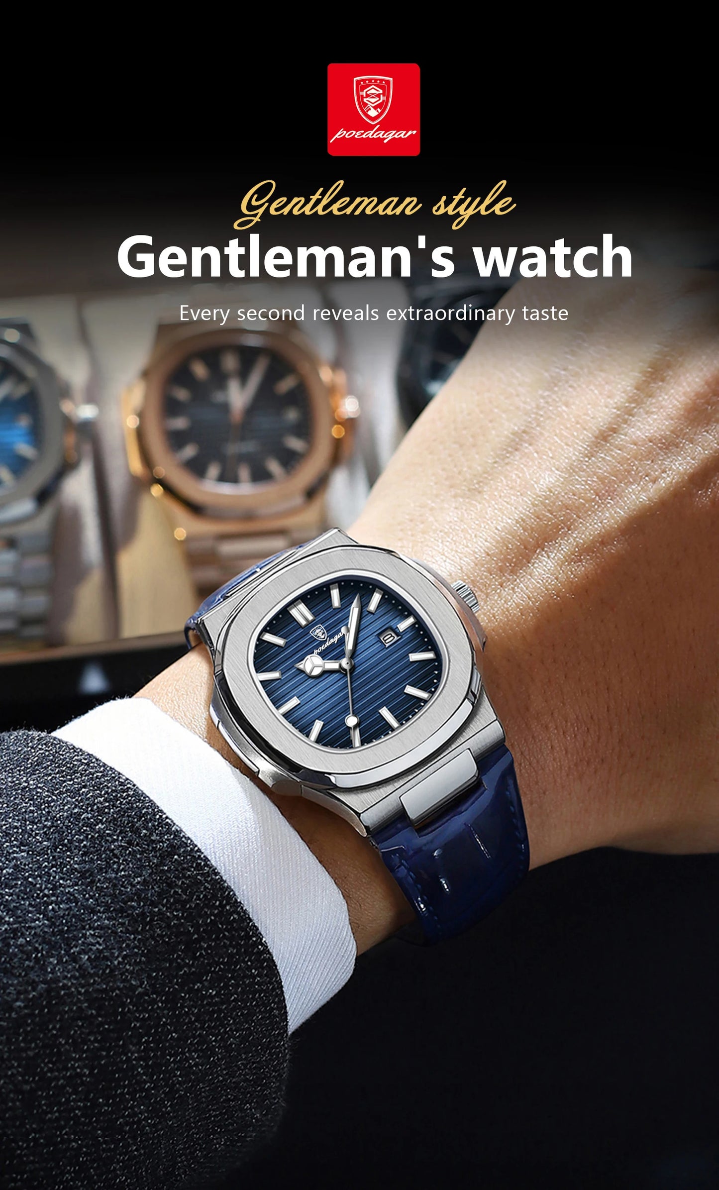 POEDAGAR Luxury Original Man Watch Date Waterproof Luminous Square Men Wristwatch High Quality Leather Men's Quartz Watches Male