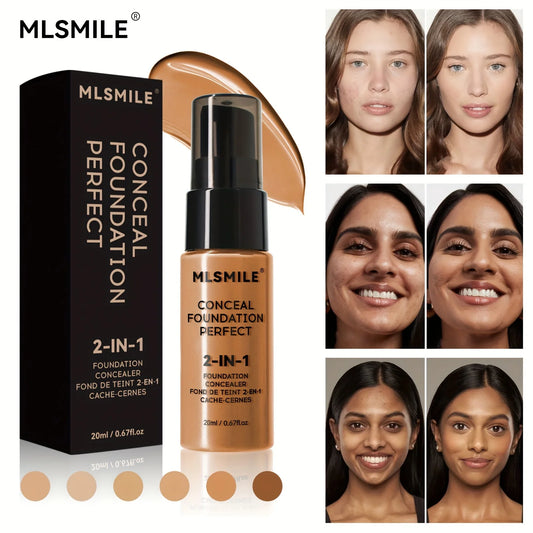 2-In-1 Oil Control Liquid Foundation & Concealer Full Coverage Long Lasting Waterproof Hydrating Brightening Base Makeup