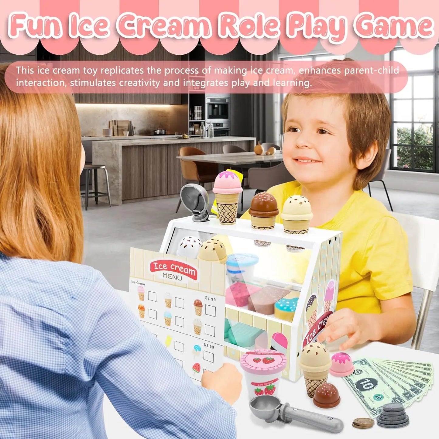 Ice Cream Counter Playset For Kids Montessori Pretend Play Food Toys Kitchen Accessories With Coin Role Play For Kids Girls Boys