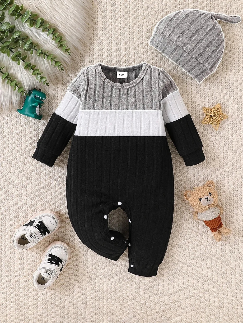 3 Colours Autumn Bodysuits Newborn Baby Boy Long Sleeve Colour Block Romper+Hat Simple Onesie Jumpsuit for Toddlers 1-18 Months