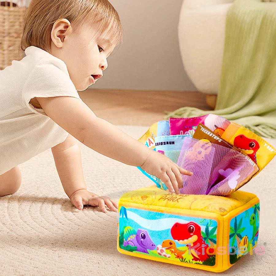 Montessori Tissue Box Toy for Baby Soft Pulling Cloth Sensory Fine Motor Skills and Calm Play for Toddlers Travel Stroller