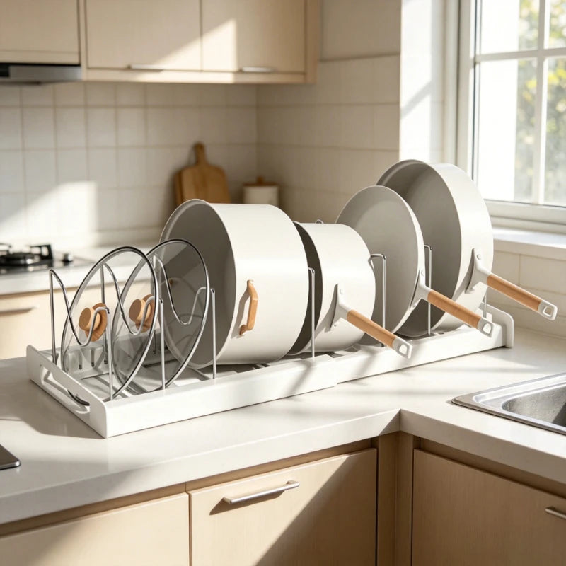 Expandable Pans Organiser Rack 6 Adjustable Compartments Dish Storage Rack Pot Lid Organiser Pots Holder Kitchen Utensils Rack