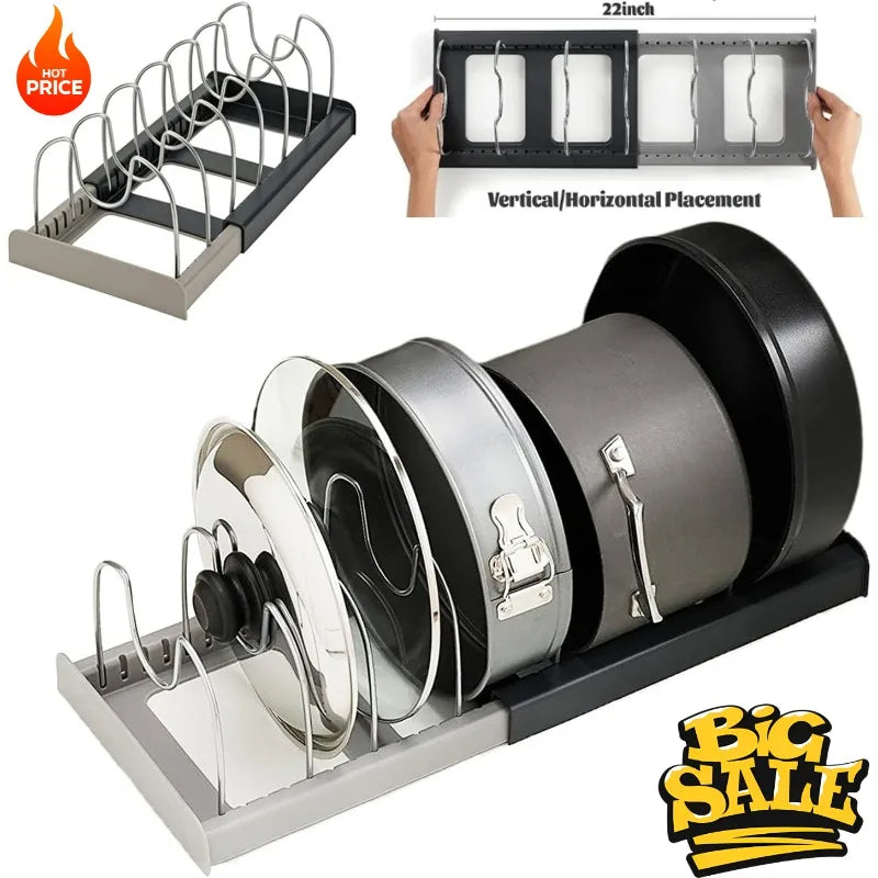 Expandable Pot & Pan Organiser Rack, Adjustable Under Sink Cabinet Lid Holder, Space Saving Kitchen Cookware Storage Organiser