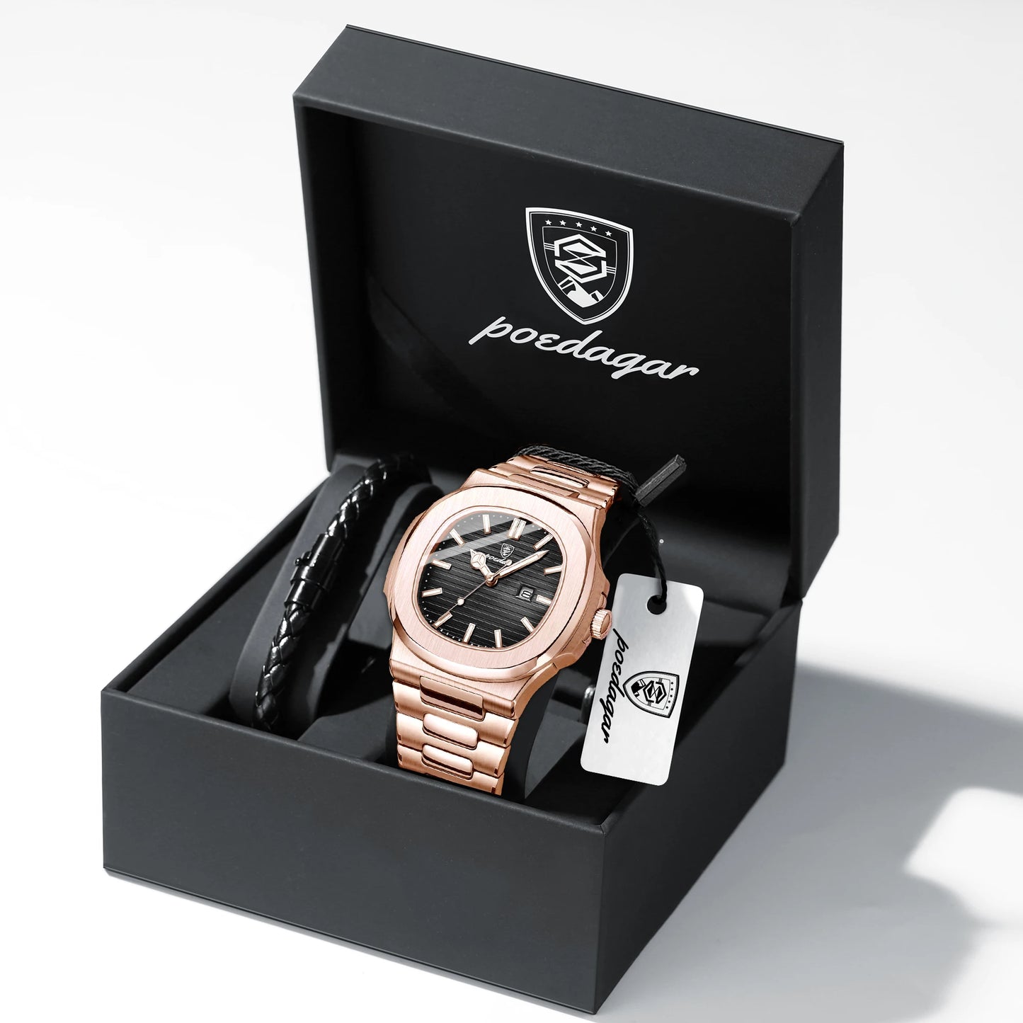POEDAGAR Top Classic Men Wristwatch Waterproof Luminous Date Square Watch For Man Stainless Steel Sport Men's Quartz Watches+Box
