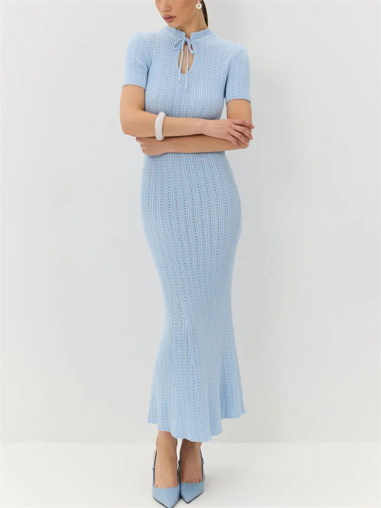 Tossy Women's Knit Lace-Up Dress – Hollow-Out Ribbed Short Sleeve, Patchwork High-Waist Elegant Long Dress