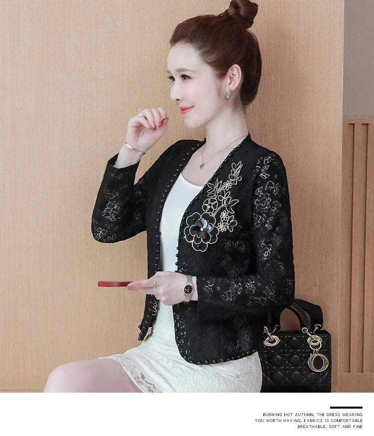 Short Lace  Long Sleeve Embroidery Cardigan