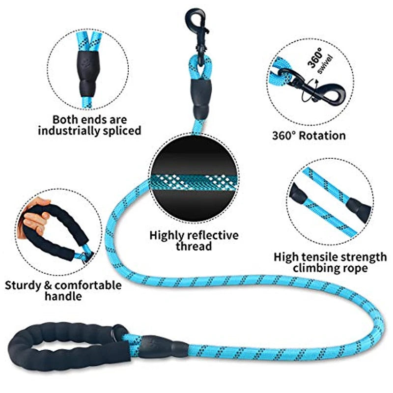 3M Reflective Dog Leash – Padded Handle, Heavy-Duty Double Traction Rope for Small to Large Dogs