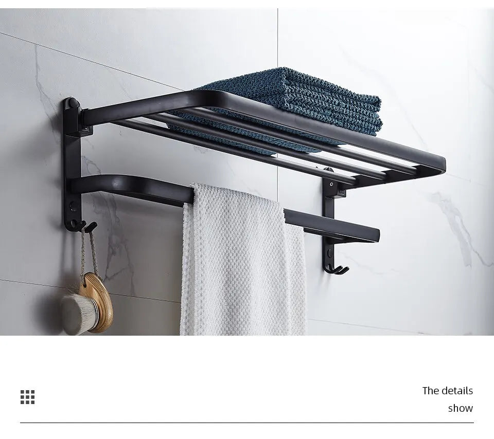 Matte Black 50CM Folding Holder With Hook Towel Holder Wall Mount Aluminum Towel Rack