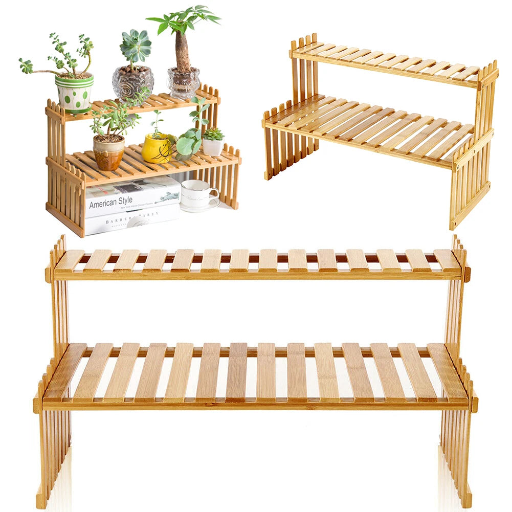 2 Tier Decorative Tabletop Wood Plant Stand Display Shelf For Home Office Tidy Storage Organiser