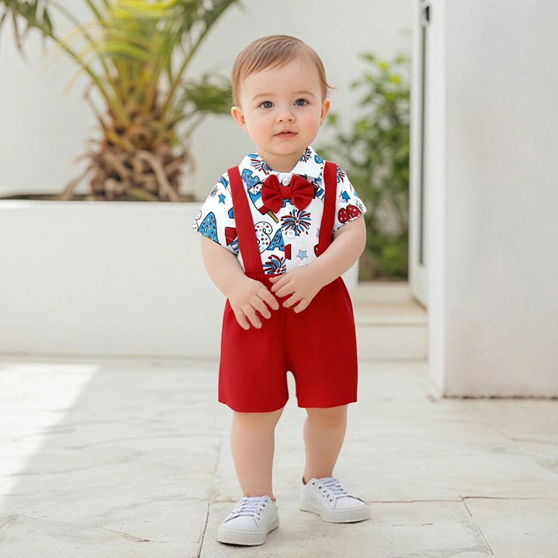 Toddler Boys Independence Day Outfits Short Sleeve Bowtie Romper Suspender Shorts Set Infant Clothing for 4th of July