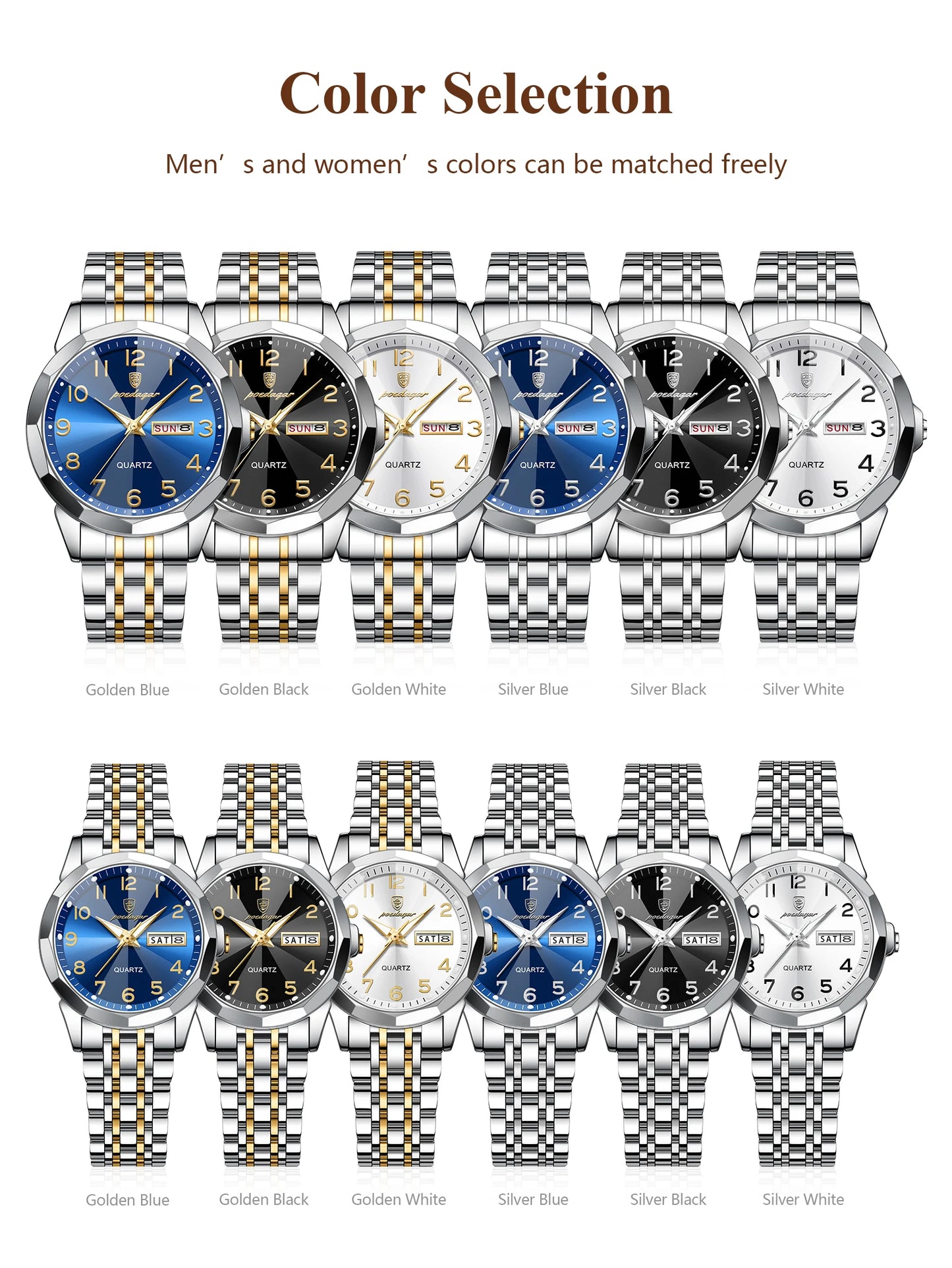 POEDAGAR Top Fashion Watches For Couple Waterproof Date Week Couple's Watches Quartz Stainless Steel Couple Watch Lovers Set+Box