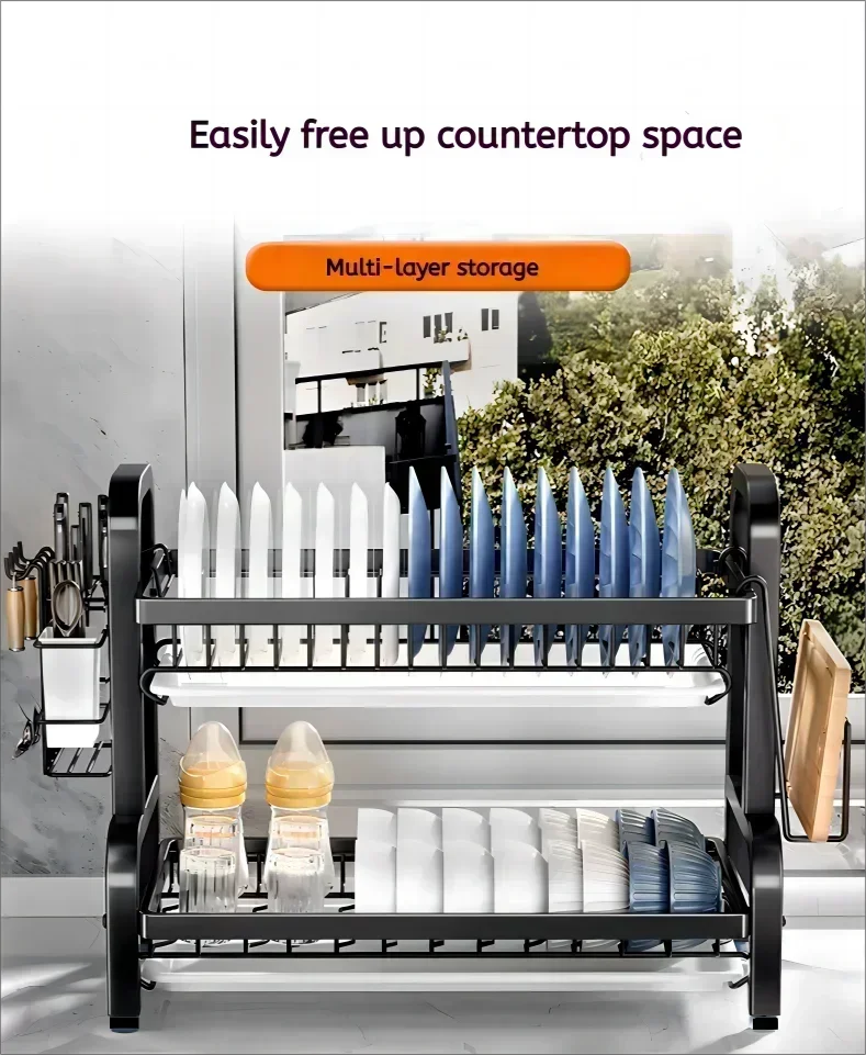 2 Tier Stainless Steel Dish Drainer with Utensil Holder Compact Rust Proof Kitchen Storage Organiser Drying Rack for Dishes