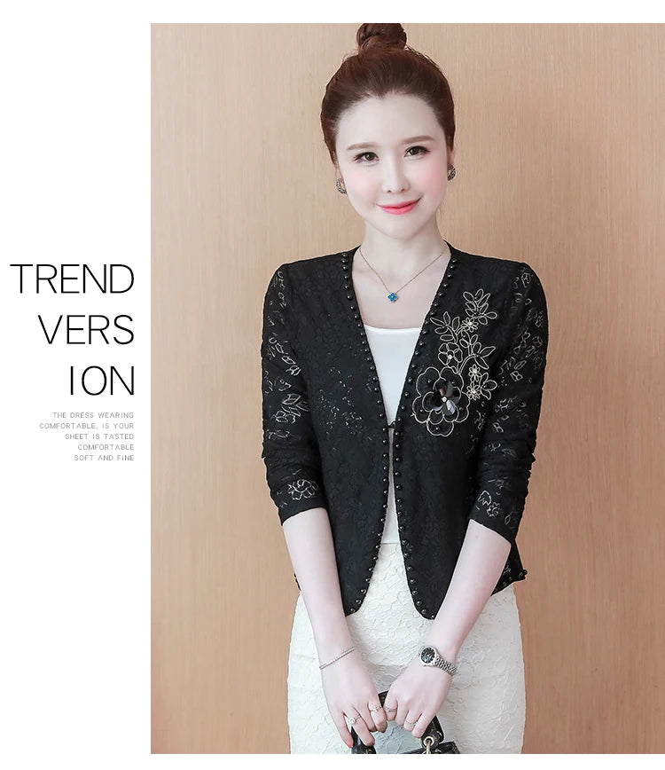 Short Lace  Long Sleeve Embroidery Cardigan
