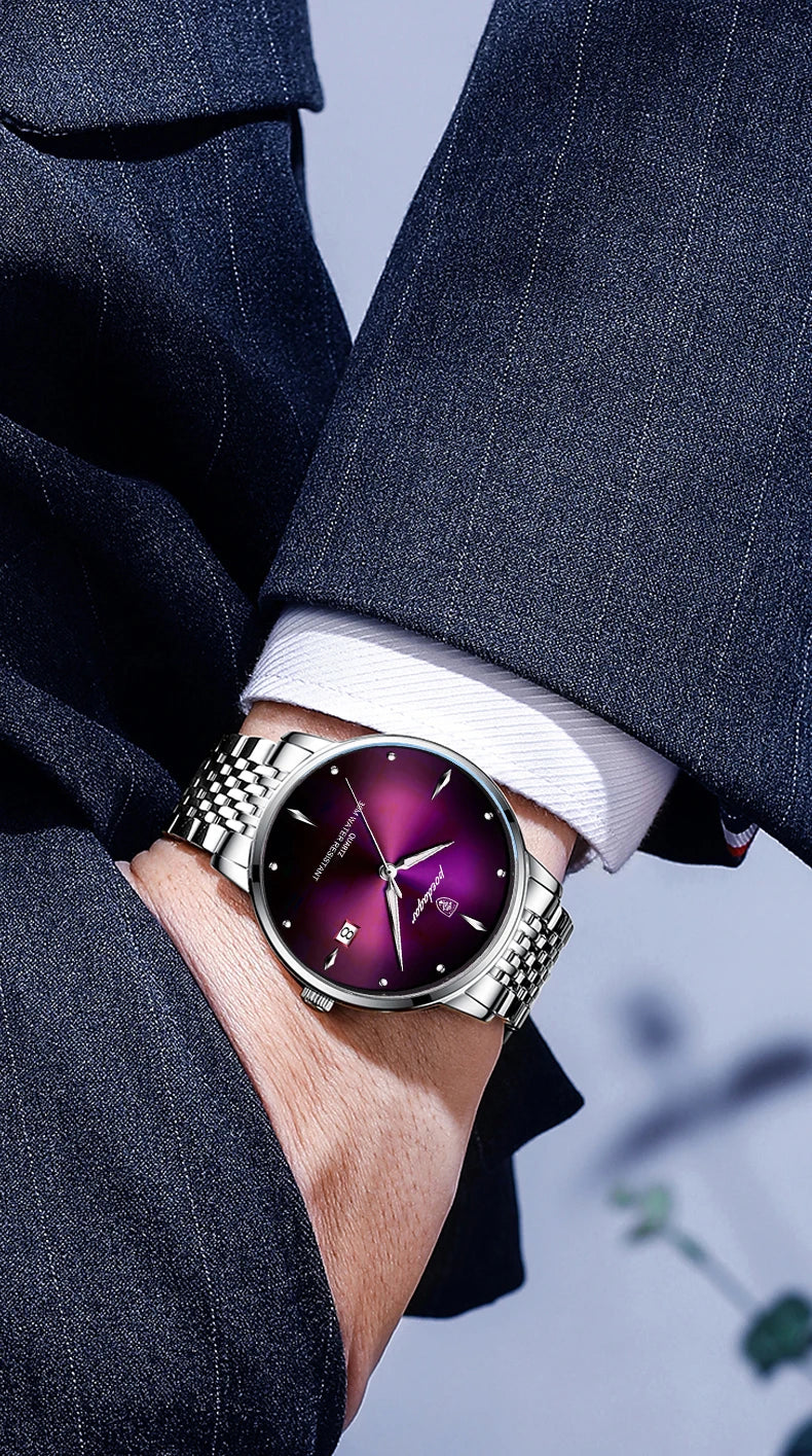 POEDAGAR Business quartz men's watch stainless steel waterproof night light date men's watch luxury casual simple men's watch