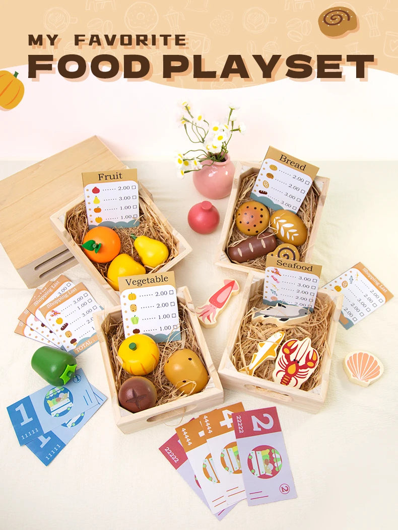 Wooden Pretend Play Kitchen Toys Cutting Food Accessories Set Fruit Vegetable Bakery Meat fish Early Educational Cognition Toys