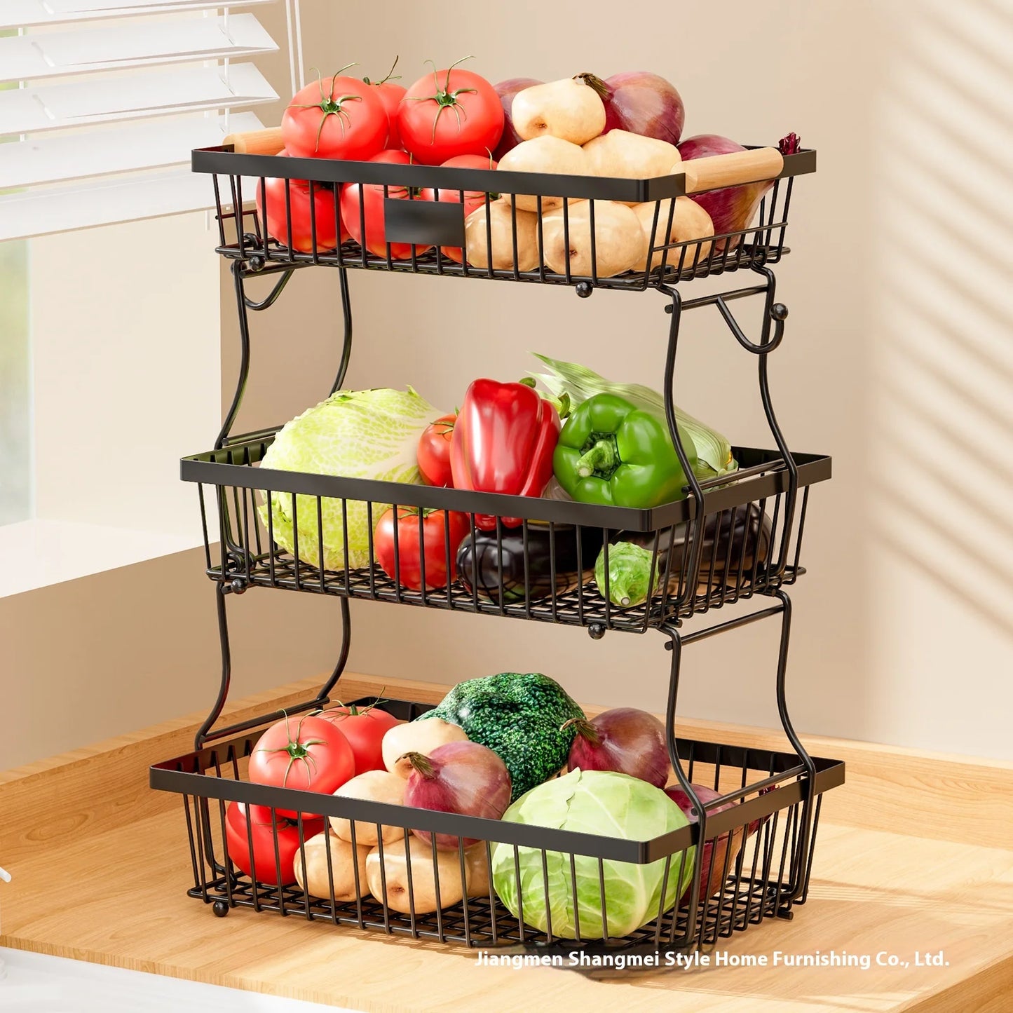 33*29cm deteachable fruit vegetable kitchen storage organisation racks holders double-layer trays wood hand SS home display