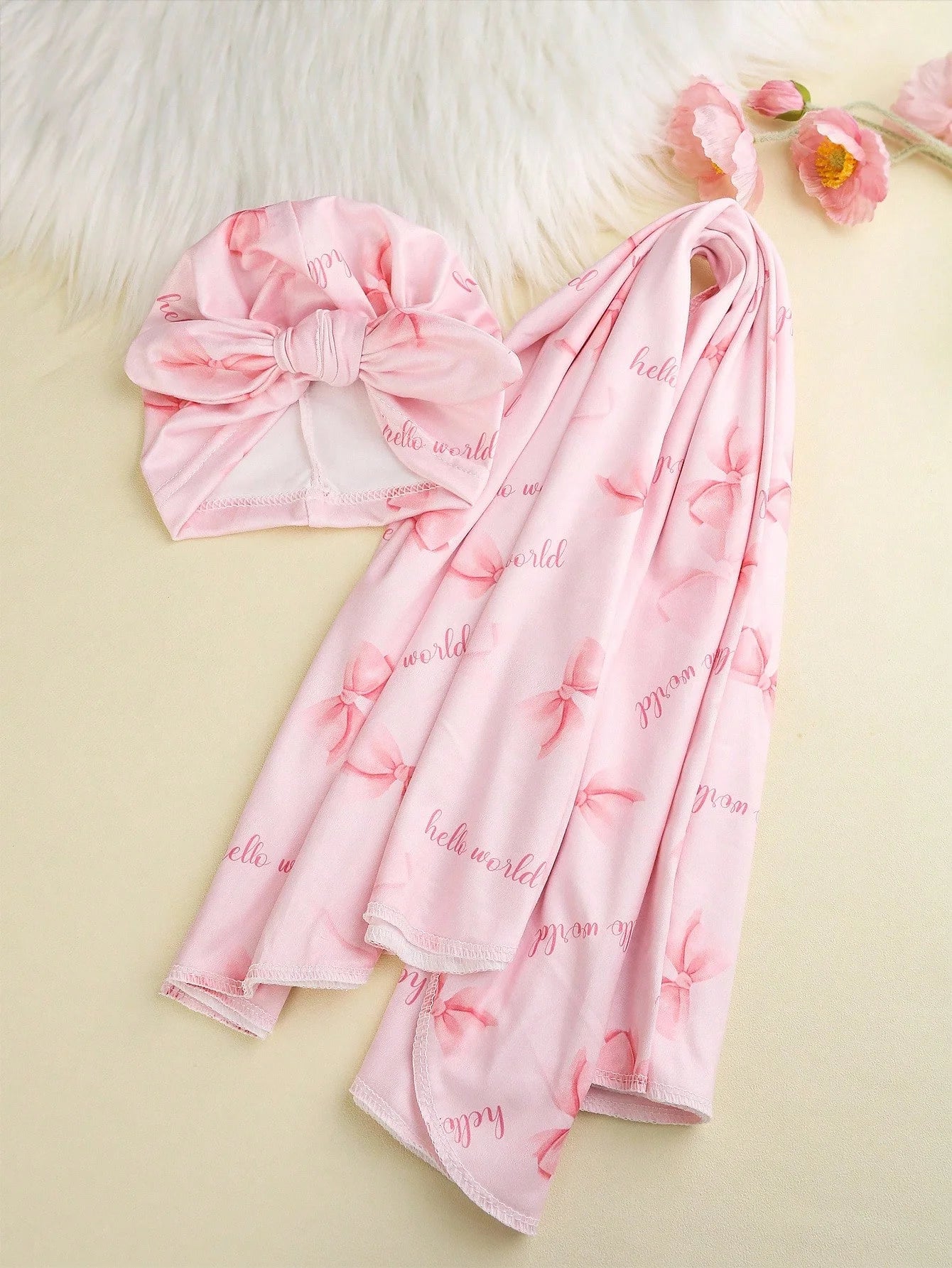 Ylsteed Newborn Photography Receive Blanket Newborn Bow Print Swaddle Blanket with Hat Bedding Infant Bath Towel Baby Items-HD