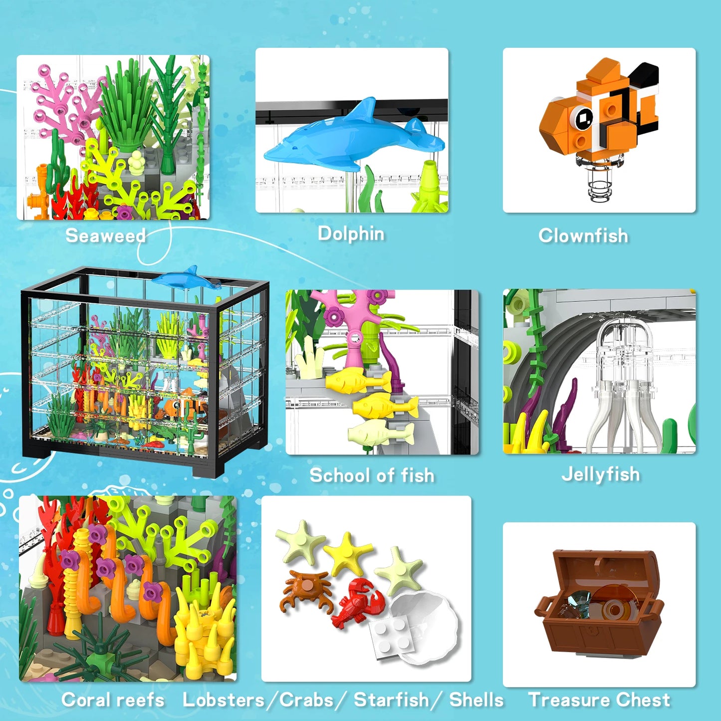 Fish Tank Building Block, Lighting Aquarium Building Sets with Treasure Chest, 533 Pcs, Animal Building Toys for Boys Girls 8-12