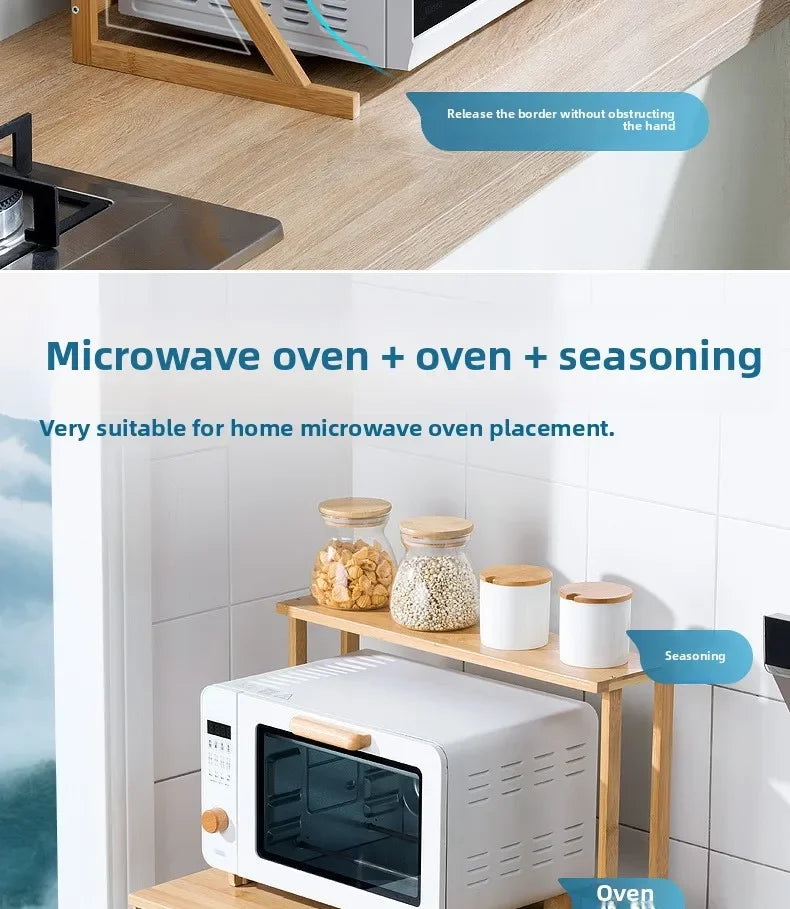 Kitchen Shelf Countertop Double Microwave Oven Shelf Desktop Seasoning Oven Storage Rack Bamboo Solid Wood