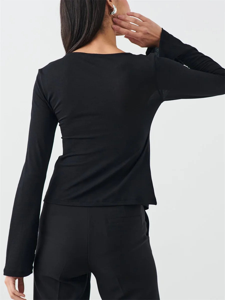 Women's Spring Summer Slimming Crop Tops Long Sleeve V Neck Tie Up Solid Color Trendy T-shirt