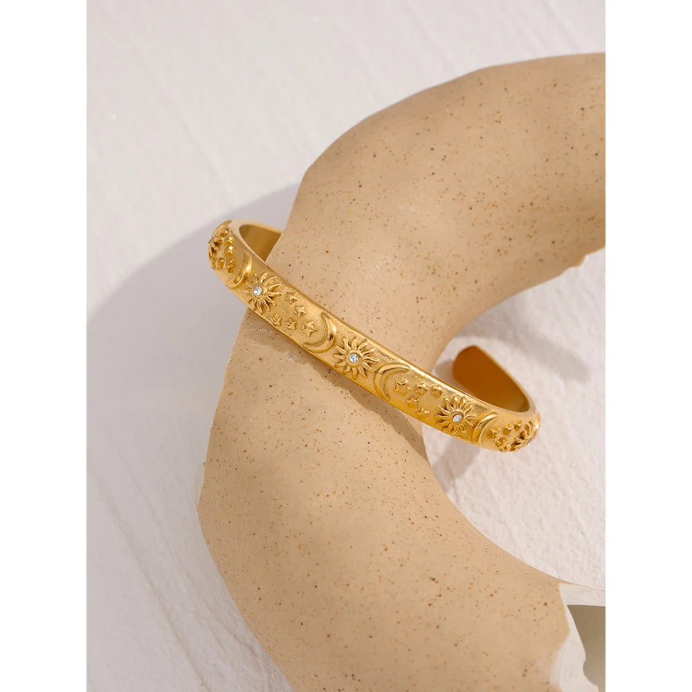Yhpup Golden Stainless Steel Moon Star Sun Bangle Bracelet  Stylish Metal Open Wrist браслеты на руку женкие Party Gift