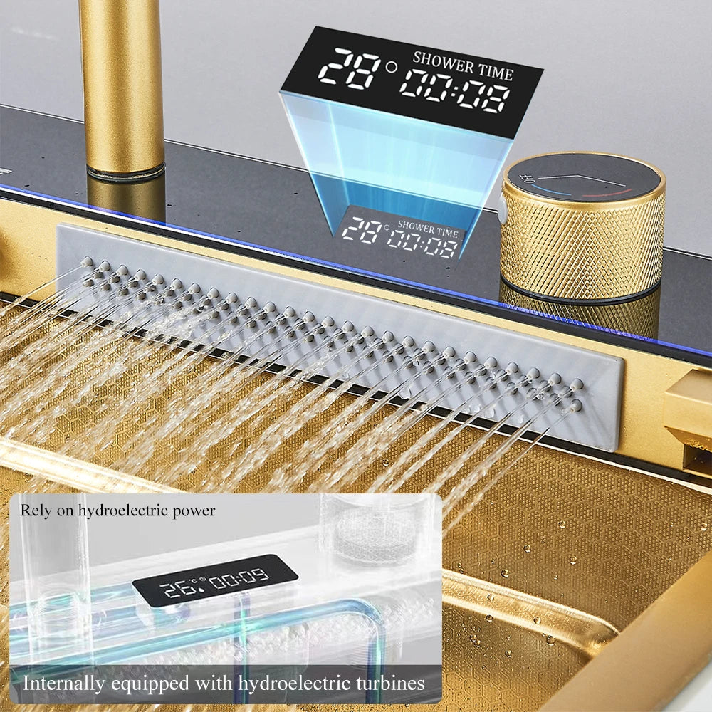 Multifunctional Kitchen Waterfall Sink Digital Display Large Single Gray Sink Dish Basin Sink 304 Stainless Steel