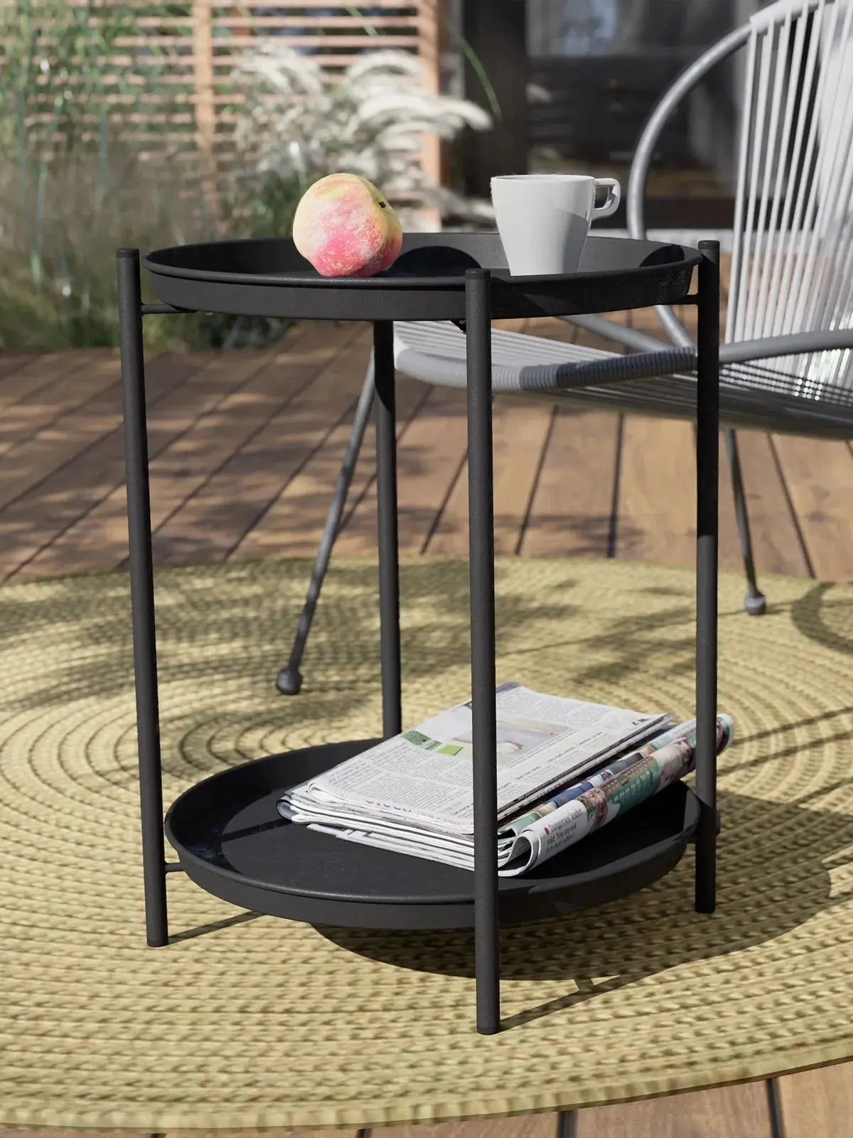 2-Tier Round Metal End Table, Modern Accent Table with Removable Tray Perfect For Home Garden Decor, Deck Party And Festival