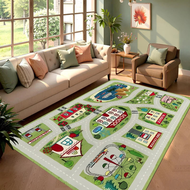 Pink Amusement Park Kids Play Rug, Interactive Town Road Track Carpet, Non-Slip Washable Play Mat for Toddler Bedroom  Carpet