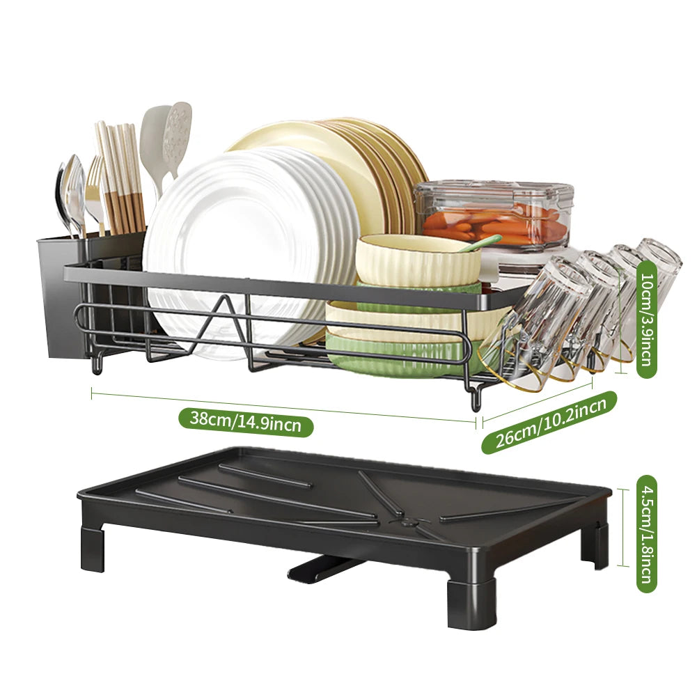Dish Drying Rack, Rustproof Kitchen Dish Drainer,  Dish Racks with Cutlery Holder Cup Holder & Drainboard, for Kitchen Counter